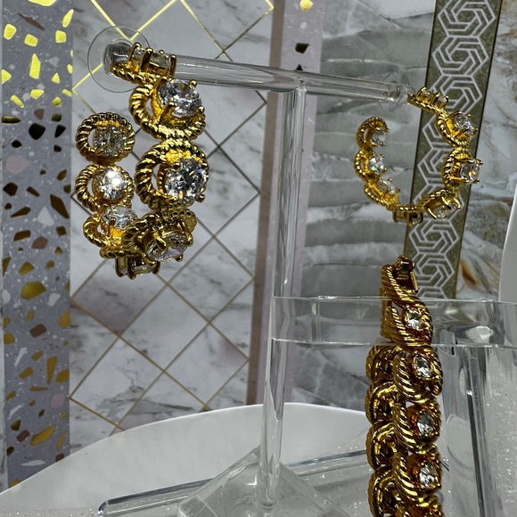 Rock Crystal Diamond Hoop Earrings & Bracelet Rope Twist Nautical Pattern - Picture 3 of 4